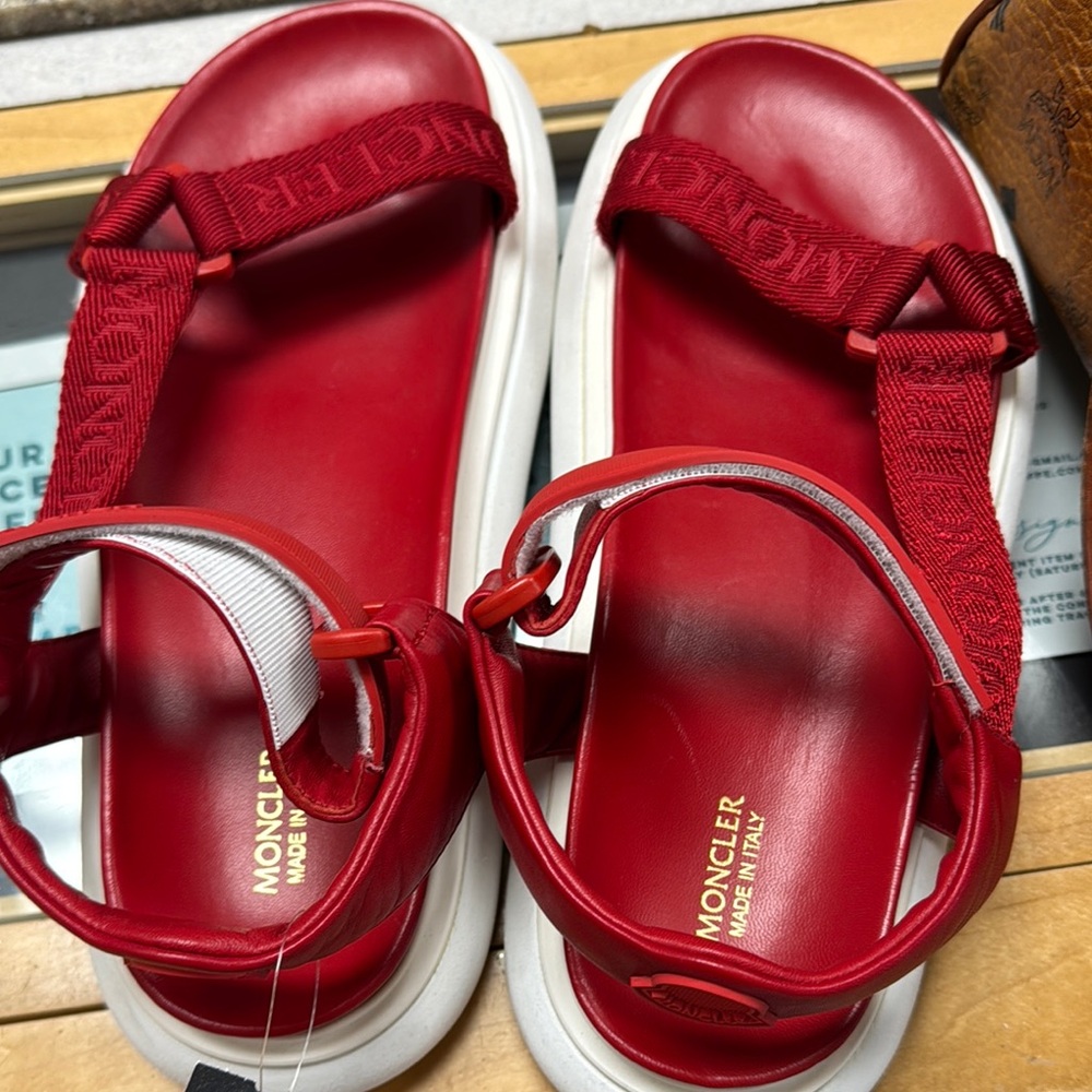 Size 40 Authentic Moncler Red and White Sandals with Ankle Strap a